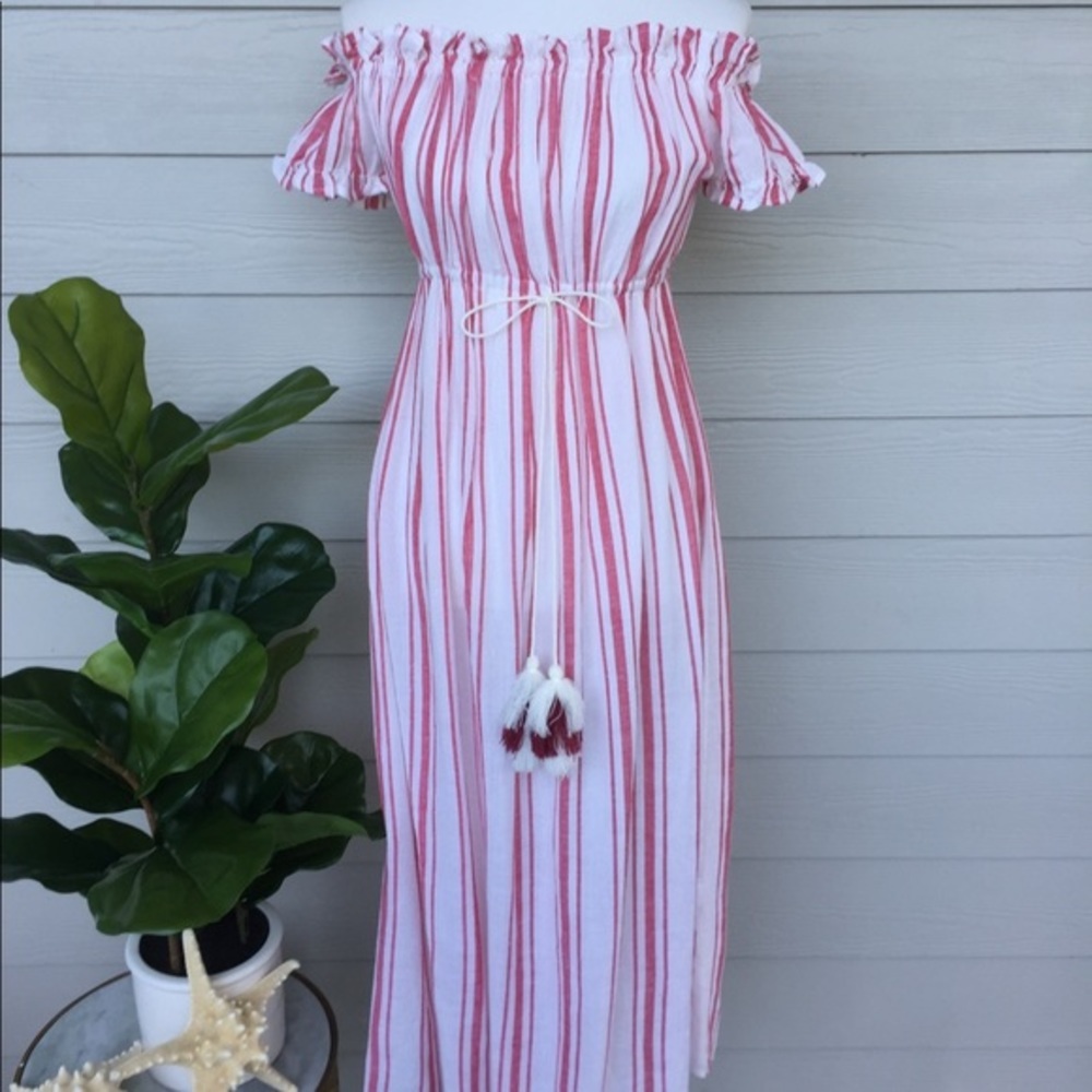 NWT America + Beyond (S) Red&White Stripe On/Off Shoulder Maxi Tie Tassel Waist